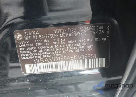 2006 BMW 325Xi from USA, damaged, VIN WBAVD13546KV13351